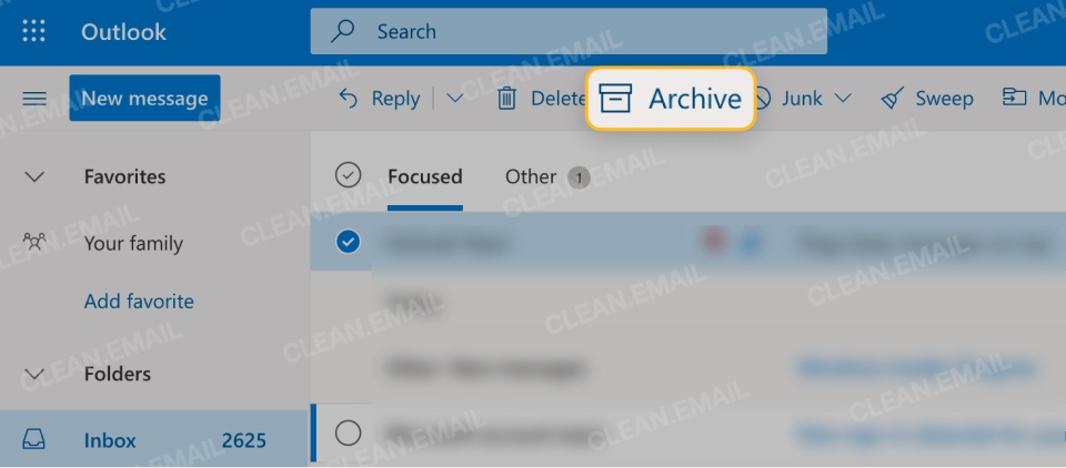 Outlook interface with the Archive option