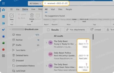 In Outlook, use received:<2023-01-01