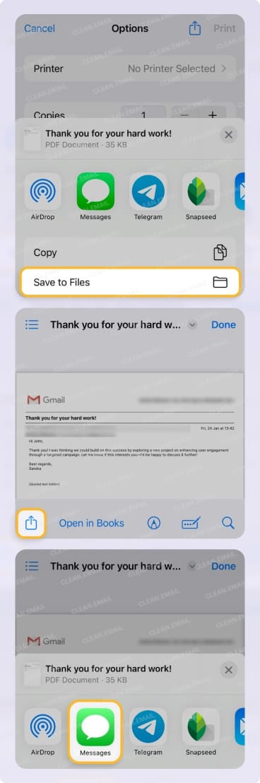 Tap the Share button at the bottom to send the email via text message