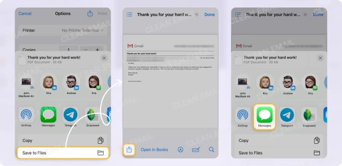 Tap the Share button at the bottom to send the email via text message
