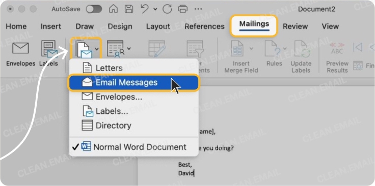 Select your document under the Mailings tab and save it