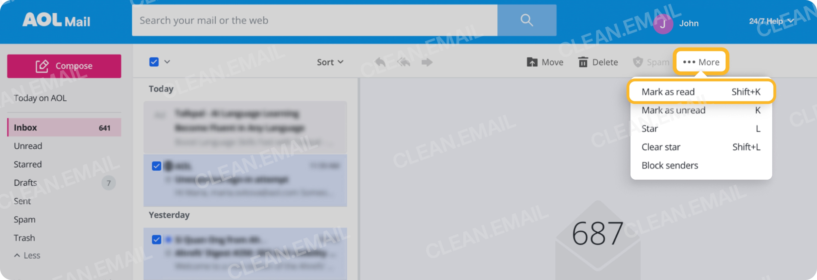 Mark all emails as read in AOL Mail