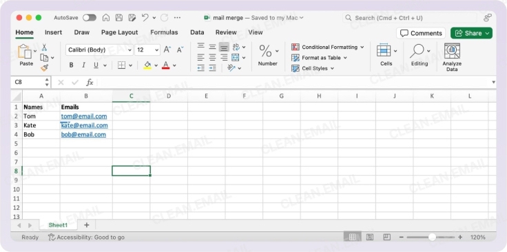 Create or prepare an Excel recipient list with column headers