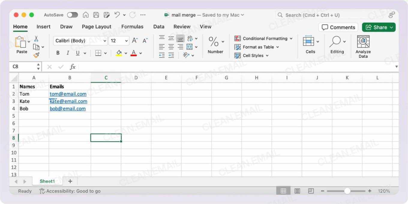 Create or prepare an Excel recipient list with column headers