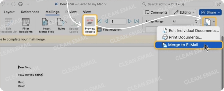 Select Finish & Merge, then Send Email Messages