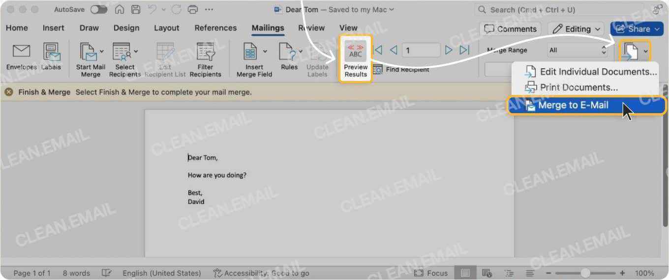 Select Finish & Merge, then Send Email Messages