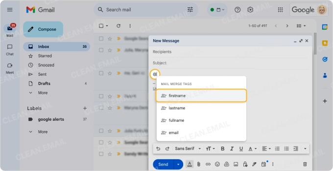 Type @ to insert personalization fields in Gmail