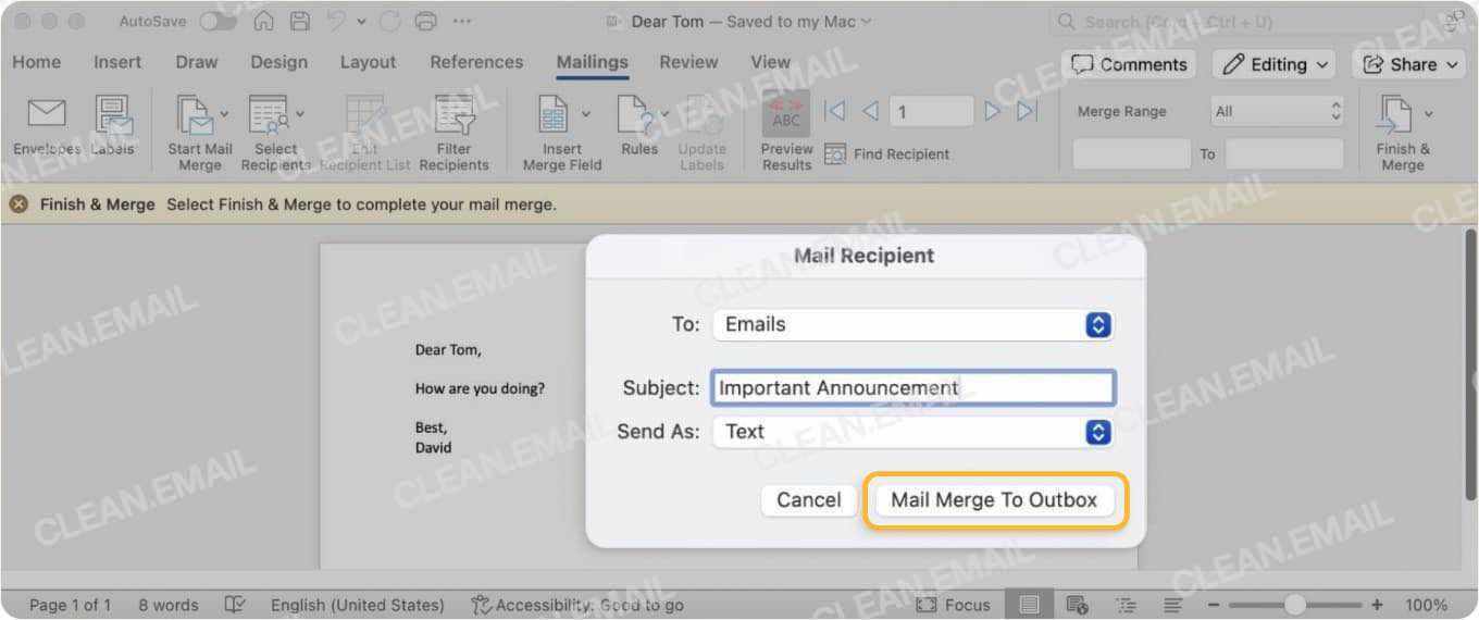 Enter a subject line, mail format, and send records, then press OK or Mail Merge to Outlook