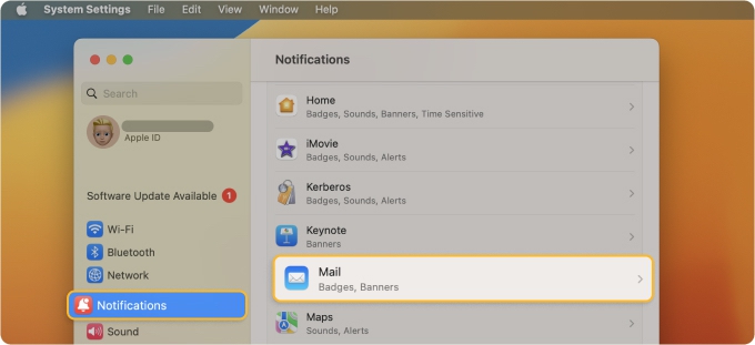 Under Application Notifications, select the app you use for email