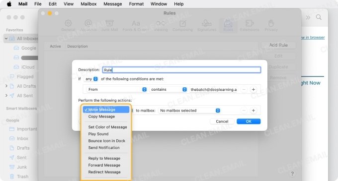 Apple Mail inbox rules with multiple conditions and actions