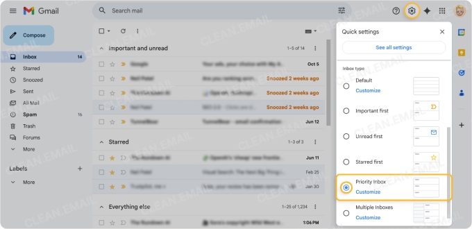 Customize Priority Inbox to show important, unread, or starred emails