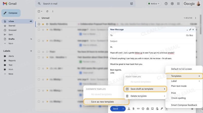 Email templates with structured content for faster composing