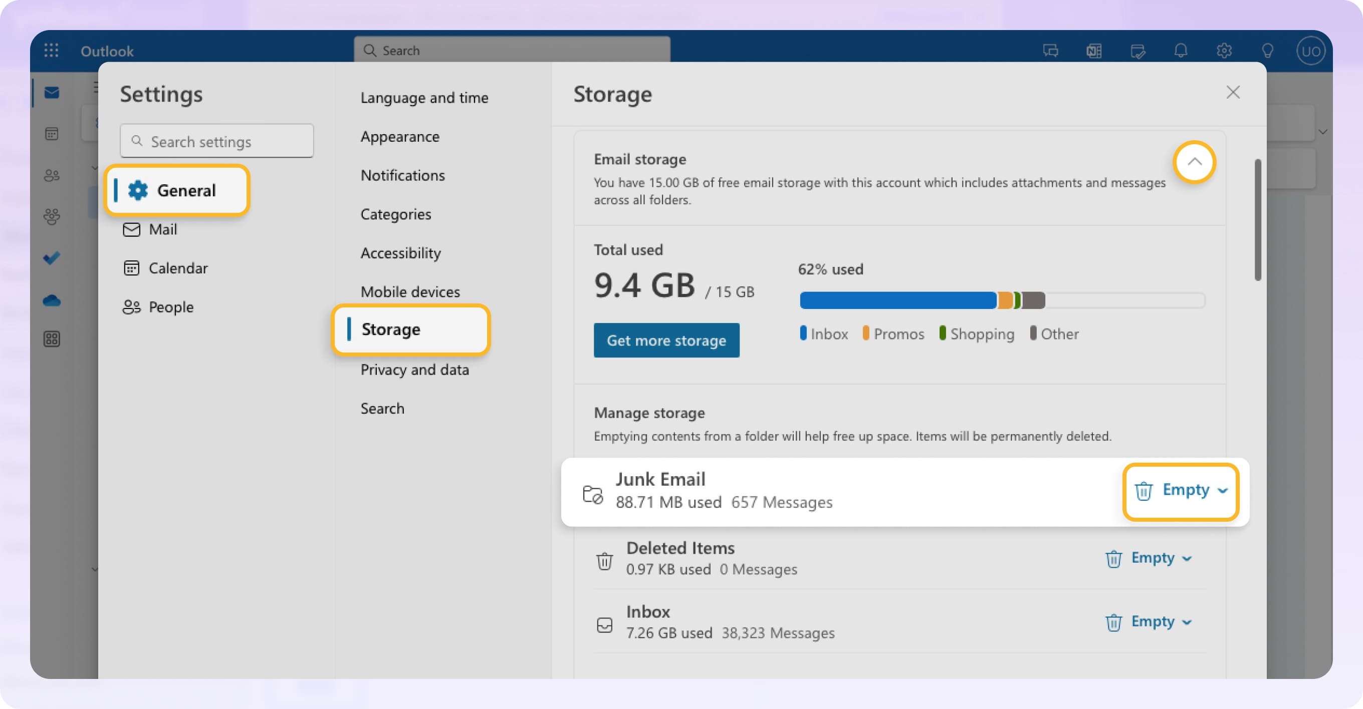 outlook can t send email storage full