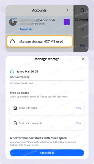 Check Yahoo Mail storage on mobile