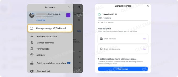 Check Yahoo Mail storage on mobile