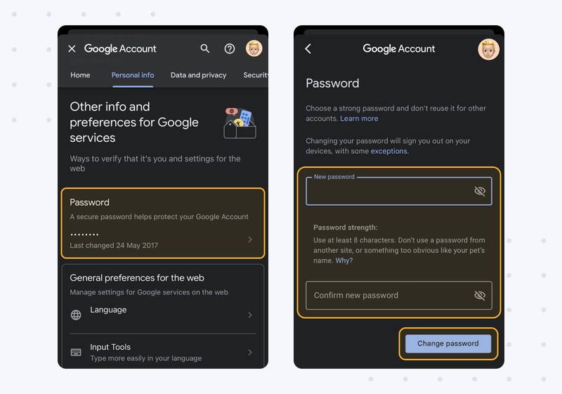 how to change my email password in google