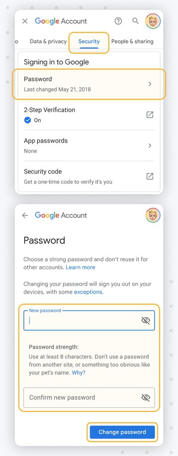 Enter your new ones and tap Change password
