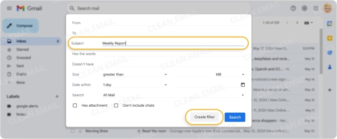 Create a Gmail filter based on message criteria