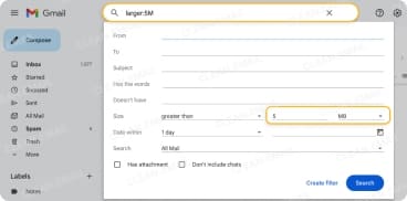 Gmail search box showing automatically populated search operators.