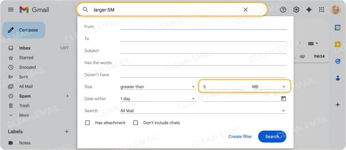 Gmail search box showing automatically populated search operators.