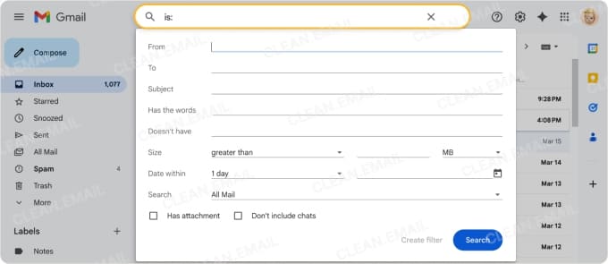 Open Gmail search options using the button in the search box