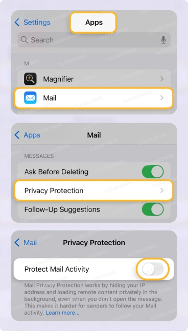 Mail Privacy Protection masks your IP, blocks tracking pixels, and hides your location from senders