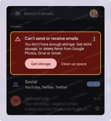 iCloud and Gmail storage limit warnings when mailbox storage is full