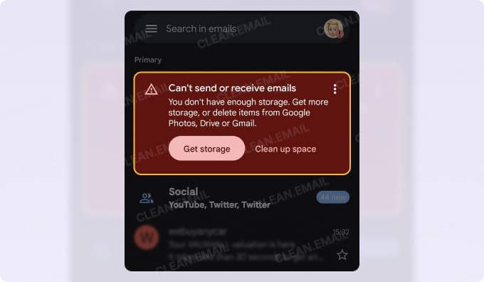 iCloud and Gmail storage limit warnings when mailbox storage is full