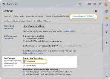 Enable IMAP in Gmail settings under Forwarding and POP/IMAP