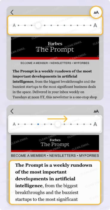 Yahoo Mail iOS app with Font Widget showing AA icon and font size slider for adjusting text while reading an email