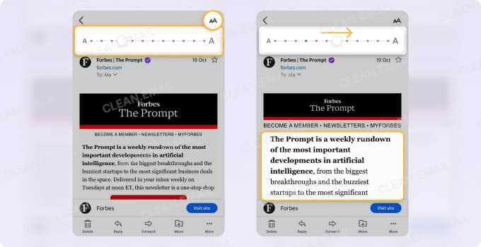 Yahoo Mail iOS app with Font Widget showing AA icon and font size slider for adjusting text while reading an email
