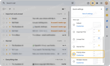 Priority Inbox showing three customizable sections above Everything Else