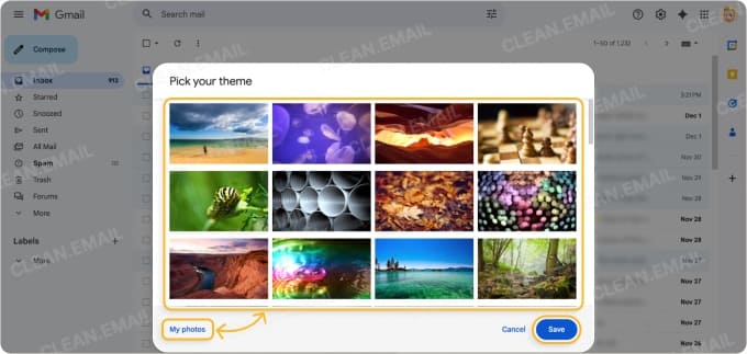 Choose a theme or upload a background from My photos
