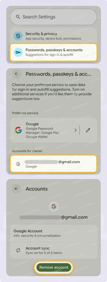 How to remove a Gmail account from the Android settings