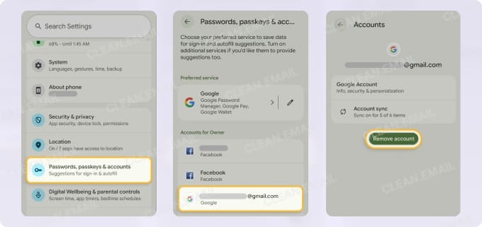 How to remove a Gmail account from the Android settings