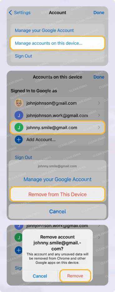 Deleting an account from the Gmail app on iPhone