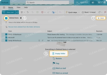 Right-click Trash or Deleted Items to permanently empty the folder