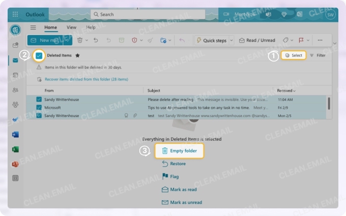 Right-click Trash or Deleted Items to permanently empty the folder
