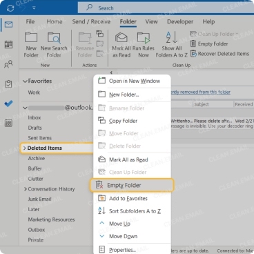 Delete Outlook folders in the desktop email client