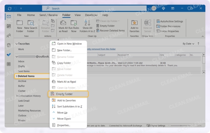 Delete Outlook folders in the desktop email client