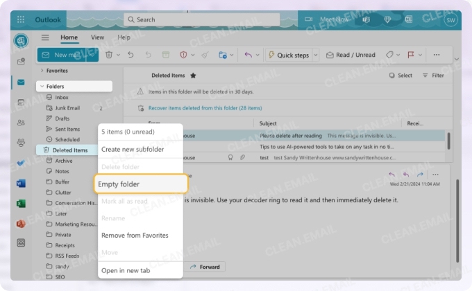 How to delete all emails in a folder in Outlook