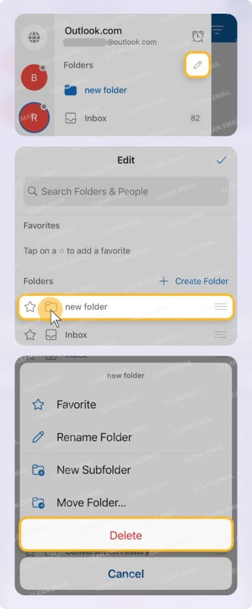How to delete folders in Outlook mobile app on iPhone or Android