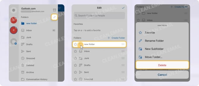 How to delete folders in Outlook mobile app on iPhone or Android