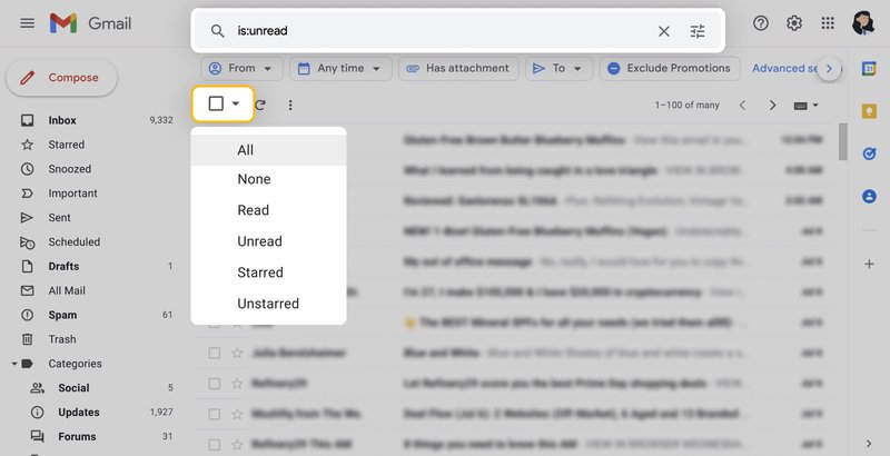 How to select all unread emails in all locations on desktop