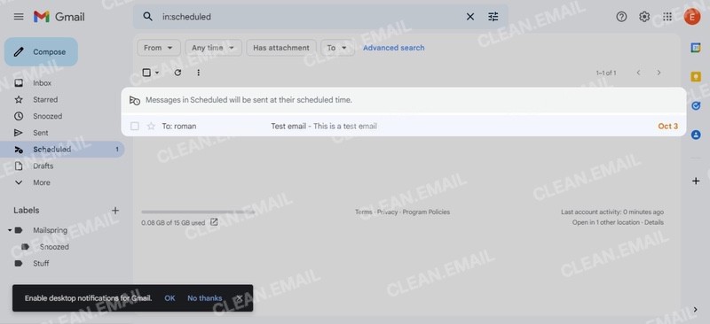 Open the Scheduled folder to review, edit, or cancel scheduled emails