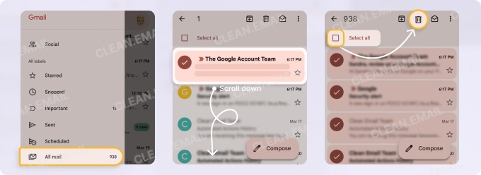 How to select all emails on the page in the Gmail mobile app