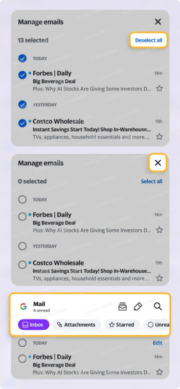 Deselect All in Yahoo Mobile App