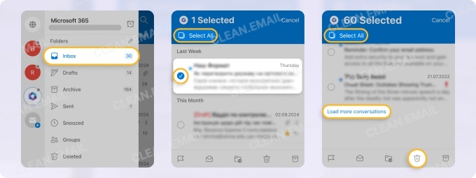 Select all emails in Outlook app on mobile