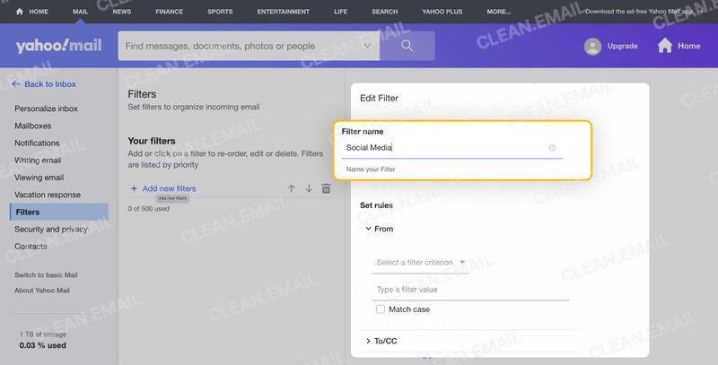 Enter a Filter name and select the conditions below Set rules
