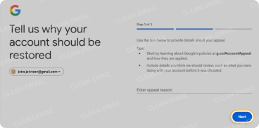 Enter information about your appeal in the text box and pick Next